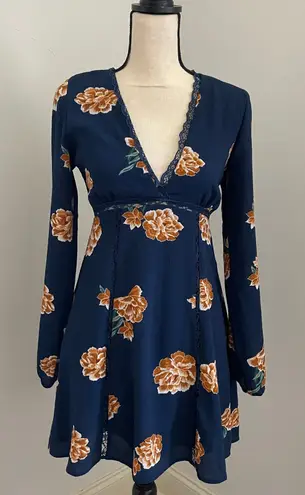 onetheland Floral Mini Dress Small Long Sleeve Navy Orange Lace Trim VNeck Boho Bloomcore