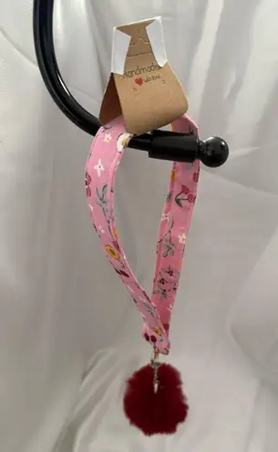 Handmade Floral Cherry Print Wristlet Keychain with Dark Red Pompom