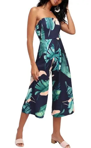 Rainforest Blooms Navy Blue Print Strapless Midi Jumpsuit Large