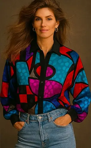 RARE NWT DEADSTOCK Vintage 80s Abstract Picasso Satin Bat Sleeve Loose Top 6 Black Size M