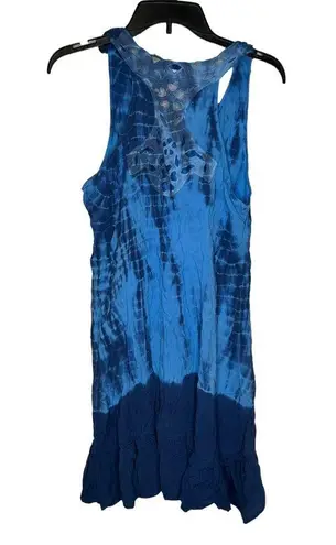 One World  Women Dress Midi Tie Dye Ruffle U-Neck Sleeveless Racerback Blue Large