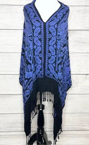 Boho Blue & Black Paisley Fringe Trim Pullover Kimono Festival Poncho Scarf