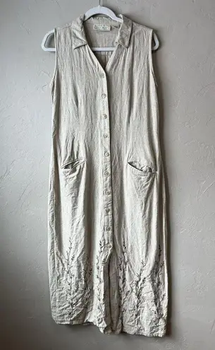 Studio Works Vintage Set Beige Dress Cardigan Lagenlook Embroidered Cottage Boho Beach Tan