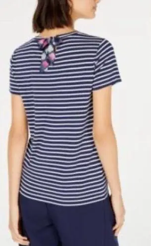 Maison Jules Large Navy Blue White Stripes Short Sleeve Back Tie Keyhole Shirt