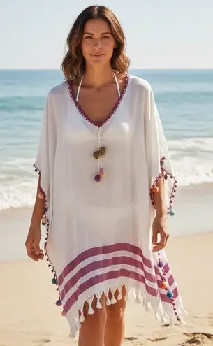 Womens White Purple Stripe Pom Pom Tassel Beach Cover Up Kaftan Tunic M L Size undefined