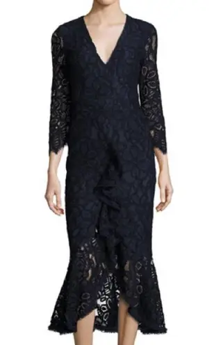 Alexis  Nadege Navy Crochet Lace 3/4-Sleeve V-Neck Midi Mermaid Dress Small Party