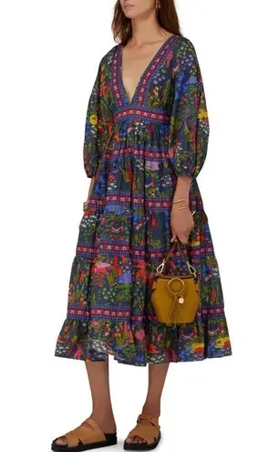 Farm Rio NWT  Animal Utopia Puff Sleeve Midi Dress