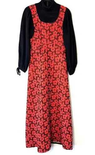 Vintage 60s Rae Dolls Red & Black Long Sleeved Turtleneck Maxi Dress Size Medium