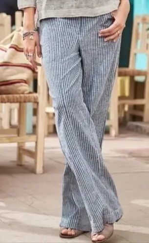 Sundance Women's 12 Petite Andover Navy and White Striped Wide Leg Linen Pants