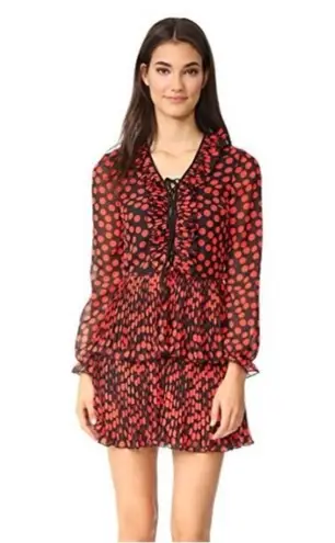 DELFI Collective KIKI lace up ruffled long sleeve ruffle Polk dot minidress XS Red