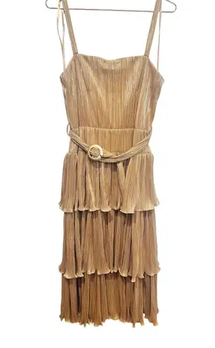 Mac Duggal Gold Metallic Plissé Square Neck Pleated Ruffle Belt Detail Dress 8