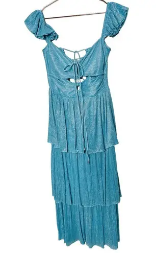 SABINA MUSAYEV Light Blue Metallic Corseted Back Keyhole Cutout Amandea Dress M Size M