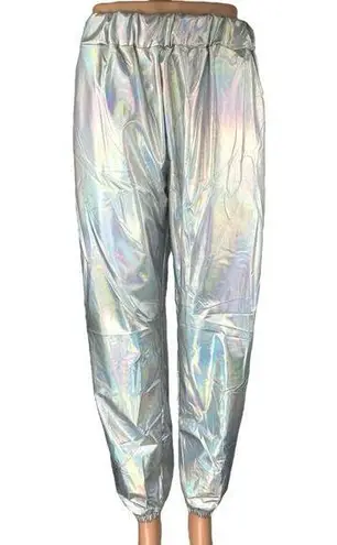 Women's Silver Metallic Irredescent Glossy Tapered High Waist Jogger Pants 2XL Size XXL