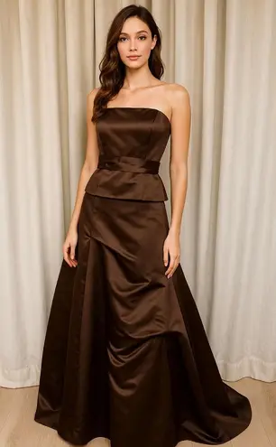 ✨ Watters & Watters Chocolate Brown Satin Gown Size 8 – Strapless Formal Dress