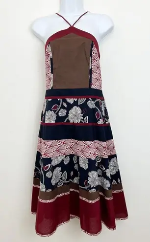 BCBGMAXAZRIA  Strappy Halter Printed Dress Size 6 Red & Blue fit & flare