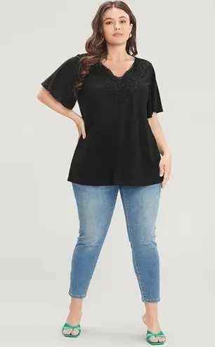 Bloomchic Solid Ruffle Sleeve Lace V Neck T-Shirt Midnight Navy Blue 30