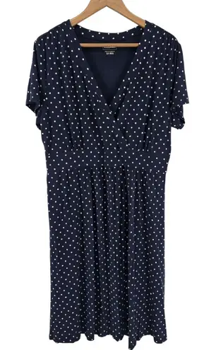 L. L. Bean Womens Dress 1X Navy Blue White Polka Dot Short Sleeve Midi