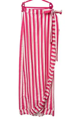 Pink Striped Ruffle Trim Tie Side Wrap Hem Skirt