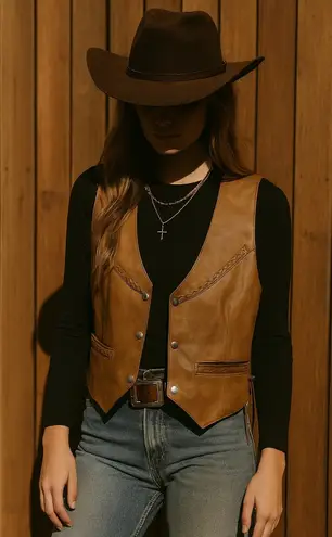 Vintage American MOB boho cowgirl leather western vest jacket large festival Tan