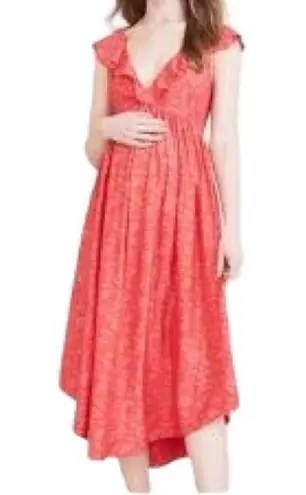 HATCH Briana Coral Midi Maternity Dress Sz 1/S Silk Blend Floral Printed Ruffles Pink