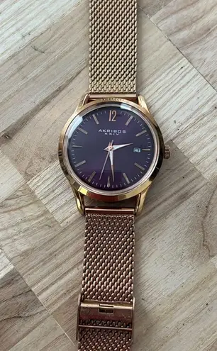 AKRIBOS XXIV Ladies Watch Rose Gold Mesh Bracelet Purple Dial Date Window Pink