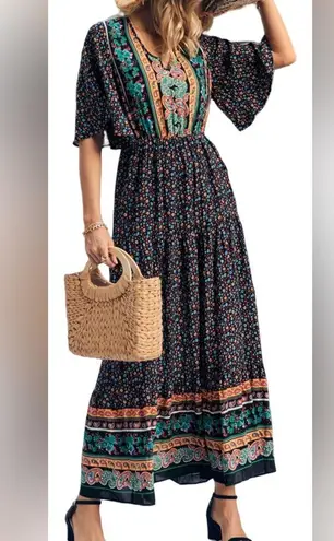 PRETTYGARDEN floral ditzy maxi dress short flutter sleeves v-neck NEW size XL