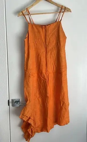 Bleu d'Azur Orange 100% Linen Double Strap Midi Dress Women's 10