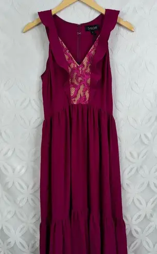 Saloni Suzi Ruffle Lace Trimmed Crinkled Gauze Maxi Size 6 Dress Magenta $625 Pink