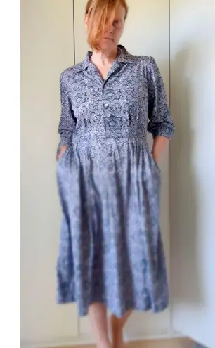 Vintage 70s Womens Dress Graphic Print Size M Gray Purple Day Dress Retro Blue