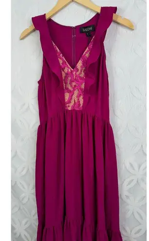Saloni Suzi Ruffle Lace Trimmed Crinkled Gauze Maxi Size 6 Dress Magenta $625 Pink