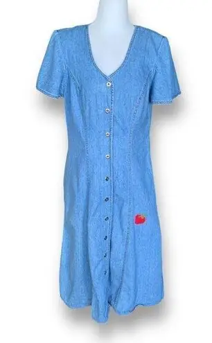 Vintage California Gold Rush Denim Midi Dress Short Sleeve Button Front Vneck Blue Size M
