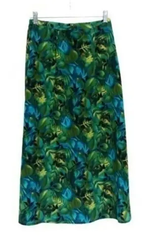 Vintage Sag Harbor Blue & Green Tropical Leaf Print Midi Skirt Size Petite S