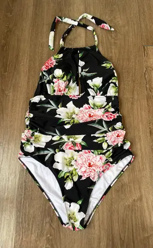 Cupshe one piece swimsuit halter tie black floral padded ruched women’s size XL