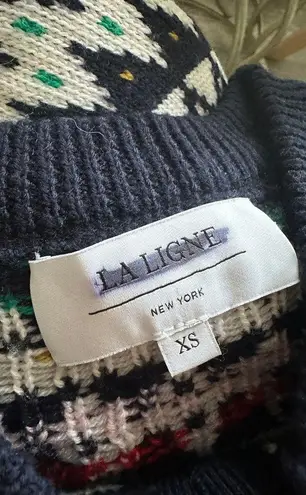 La Ligne Fair Isle Merino Wool Navy Blue Henley Crewneck Pullover Sweater XS