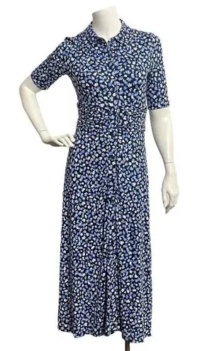 Hobbs Women's Ruched Midi Dress Black Blue & White Floral Button Front Size 2