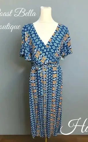 HAPTICS Navy Boho Print Surplice Sash Belt Midi Dress Short Sleeve New Blue