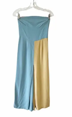 Duck Egg Blue And Wheat Yellow Strapless Palazzo Pants Jumpsuit