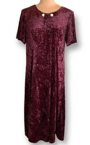 Vintage 90s Maxi Dress Burgundy Crushed Velvet Dark Floral Rosette Short Sleeve Red Size 14