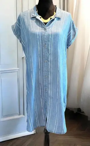 Oso Casuals dress Short sleeve M Blue White Striped Button Front Pleated Back Size M