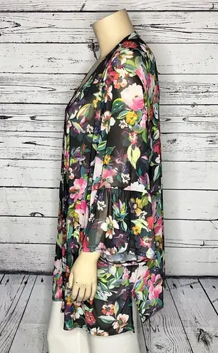 Avenue Size 30/32 Floral Print Open Front Bell Sleeve Sheer Mesh Kimono Cardigan