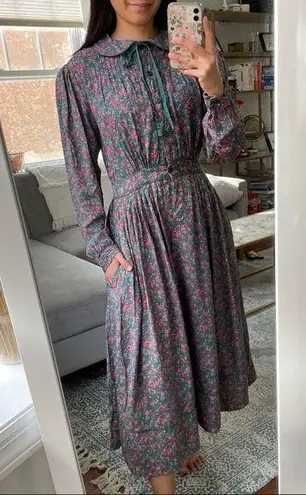 Vintage Floral Prairie Cottage Core Midi Dress Green