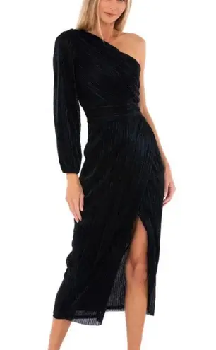 Saylor Alora One Shoulder Plisse Metallic Black Midi Dress SMALL