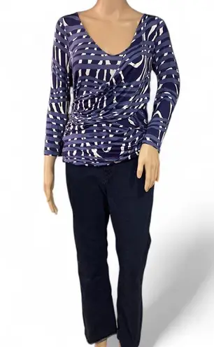 Max Mara Blue White Abstract Print Long Sleeve Ruched Top Blouse Stretch Size M