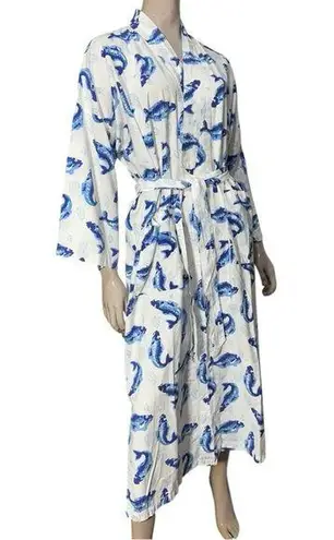Women’s Size M White Blue Koi Fish Block Printed Long Cotton Belted Kimono Robe Size M