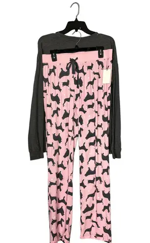 Cozy Zoe Love Dogs Pajamas Set Pink MEDIUM Knit Wide Leg Soft Long Sleeve NEW Gray