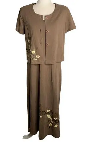 Vintage 90s Hand Painted Maxi Dress Set S Mocha Hawaiian Button Up Top Floral Brown