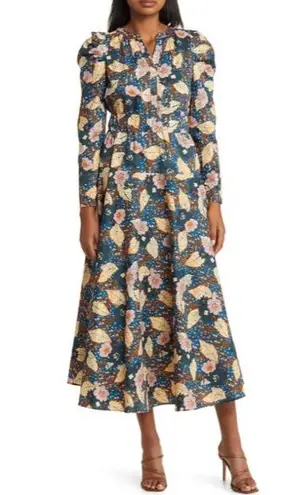 MELLODAY FLORAL PRINT BELTED LONG SLEEVE A-LINE DRESS IN DARK BLUE PRINT