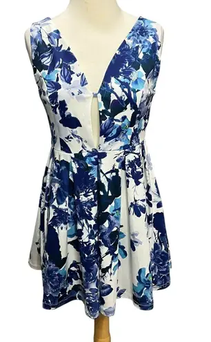 ANGL Mini Dress Women S White Blue Floral Plunge V Neck Pleated Fit Flare Skater