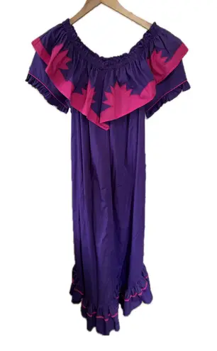 RM Hawaiian Quilt Applique On Off Shoulder Ruffles Muu Muu Midi Dress M Purple Size M