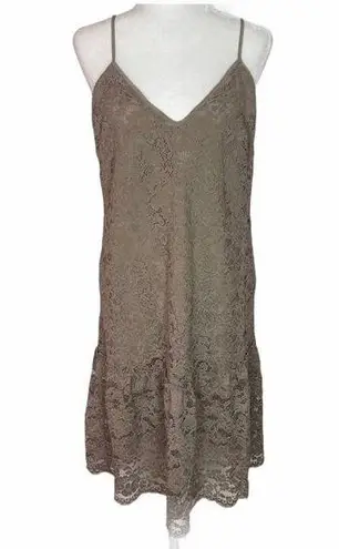 Gold Hawk Slip Dress Silk Taupe Spaghetti Straps Lace Ruffle Hem Pockets S NEW Brown
